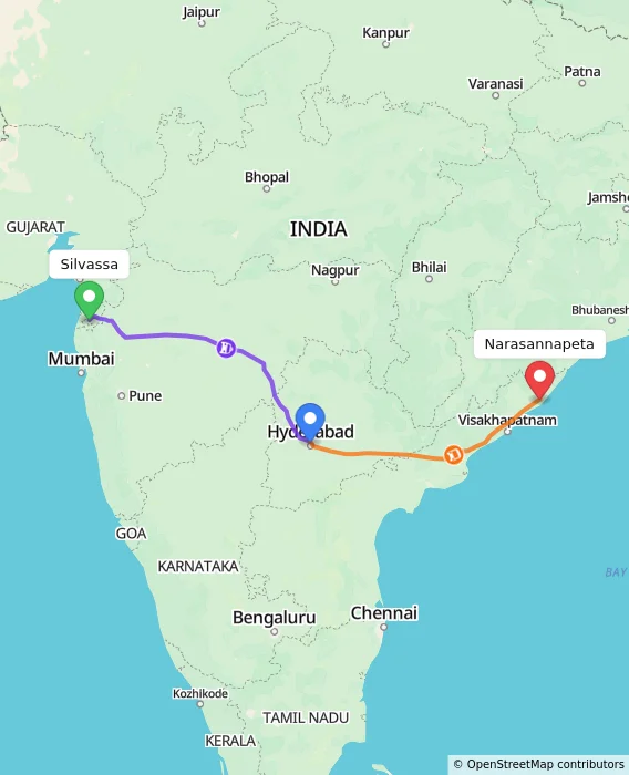 Route map showing distance and travel time from Silvassa, India to Narasannapeta, India