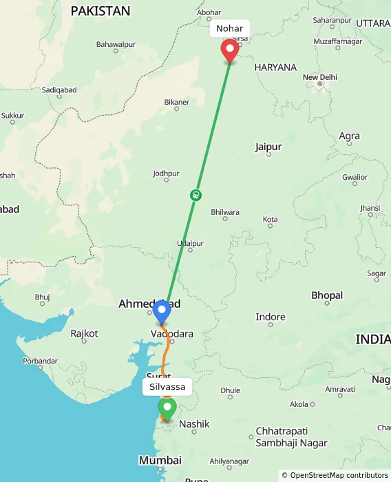 Route map showing distance and travel time from Silvassa, India to Nohar, India