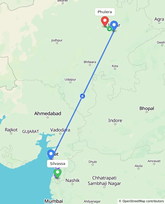 Route map showing distance and travel time from Silvassa, India to Phulera, India