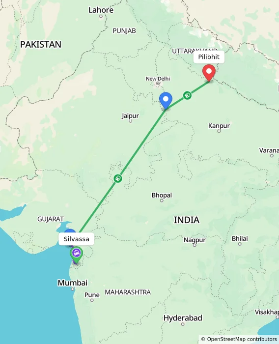 Route map showing distance and travel time from Silvassa, India to Pilibhit, India