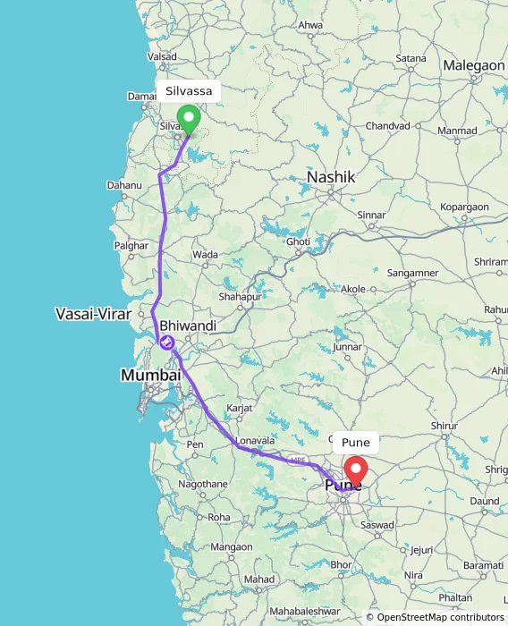 Route map showing distance and travel time from Silvassa, India to Pune, India