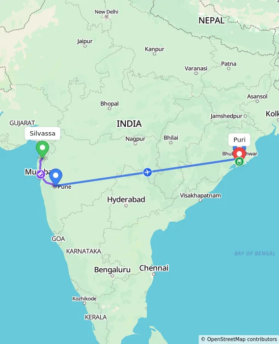 Route map showing distance and travel time from Silvassa, India to Puri, India