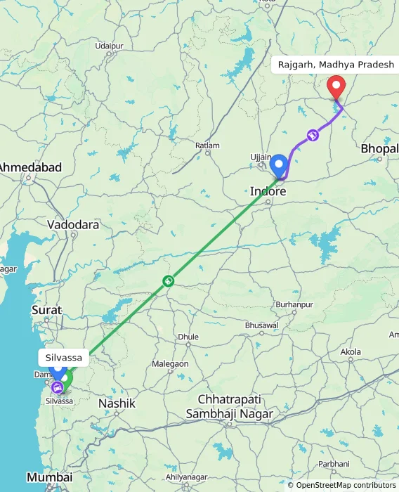 Route map showing distance and travel time from Silvassa, India to Rajgarh, Madhya Pradesh, India