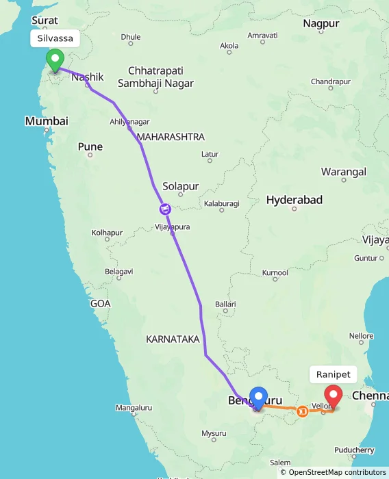 Route map showing distance and travel time from Silvassa, India to Ranipet, India