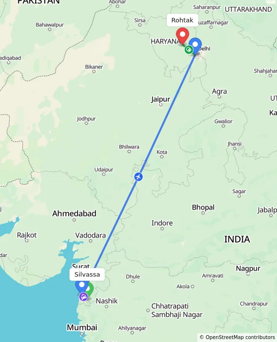 Route map showing distance and travel time from Silvassa, India to Rohtak, India