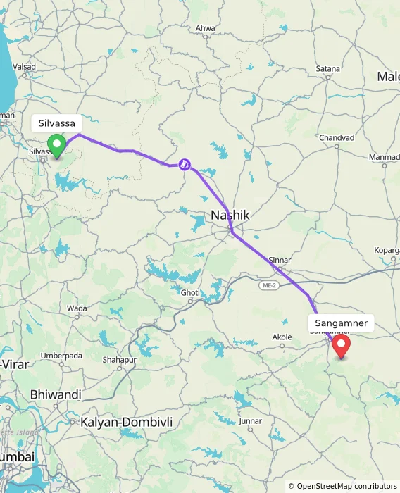 Route map showing distance and travel time from Silvassa, India to Sangamner, India