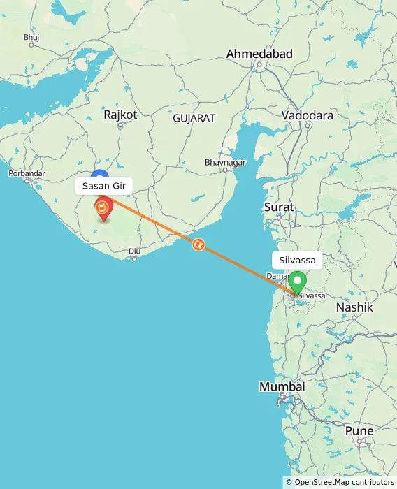 Route map showing distance and travel time from Silvassa, India to Sasan Gir, India