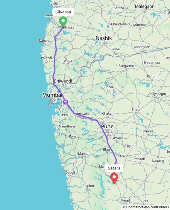 Route map showing distance and travel time from Silvassa, India to Satara, India