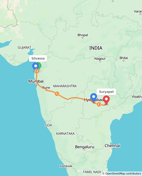Route map showing distance and travel time from Silvassa, India to Suryapet, India