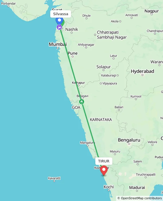Route map showing distance and travel time from Silvassa, India to TIRUR, India