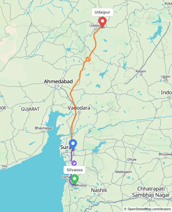 Route map showing distance and travel time from Silvassa, India to Udaipur, India