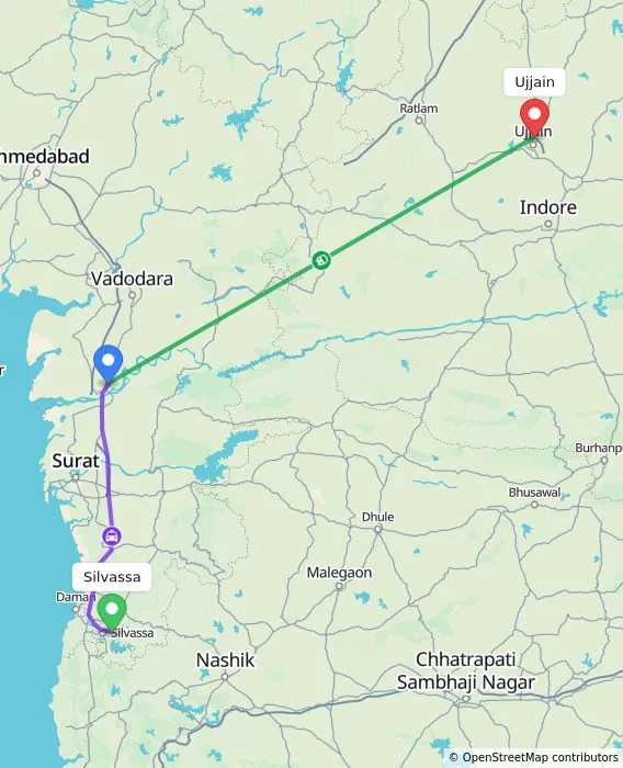 Route map showing distance and travel time from Silvassa, India to Ujjain, India