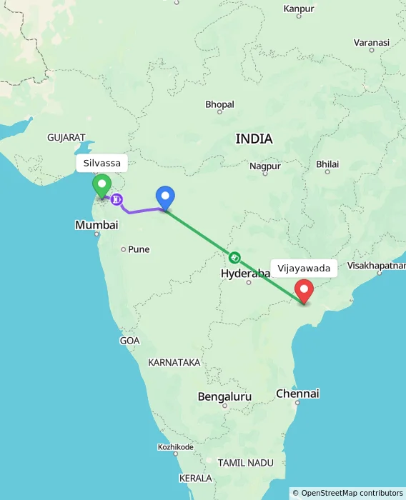 Route map showing distance and travel time from Silvassa, India to Vijayawada, India