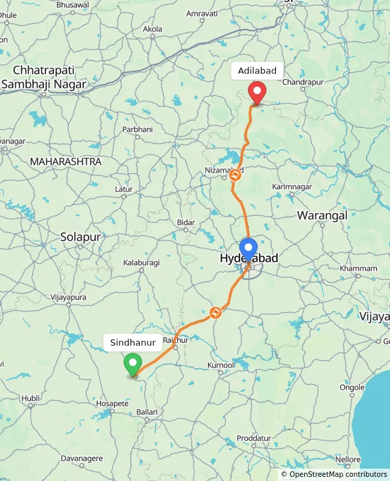 Route map showing distance and travel time from Sindhanur, India to Adilabad, India