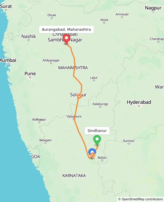 Route map showing distance and travel time from Sindhanur, India to Aurangabad, Maharashtra, India