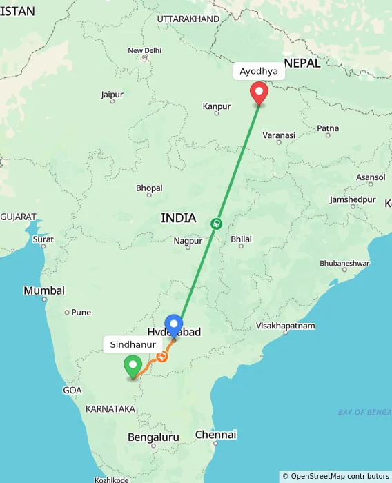 Route map showing distance and travel time from Sindhanur, India to Ayodhya, India