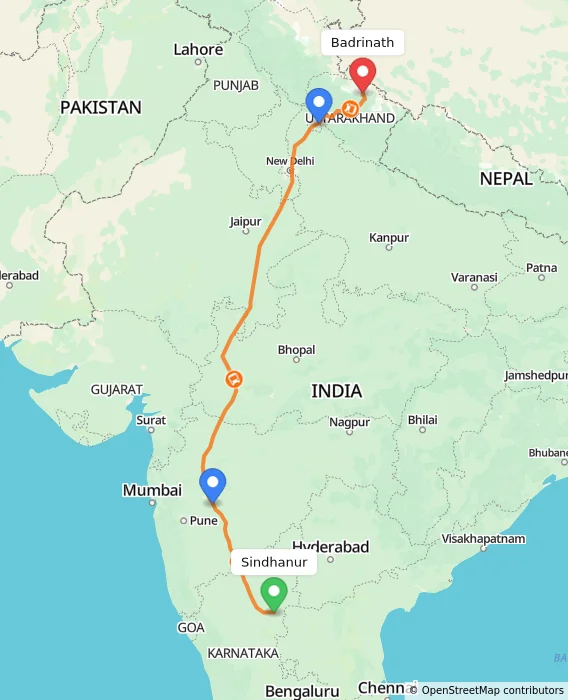 Route map showing distance and travel time from Sindhanur, India to Badrinath, India
