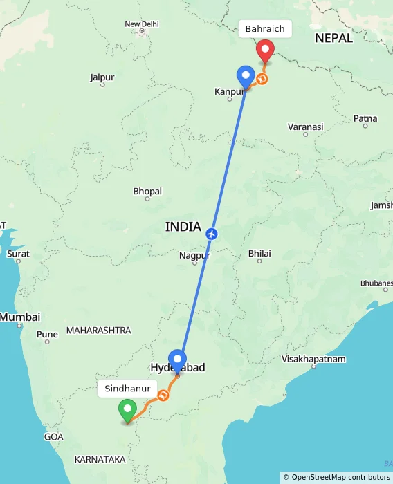 Route map showing distance and travel time from Sindhanur, India to Bahraich, India