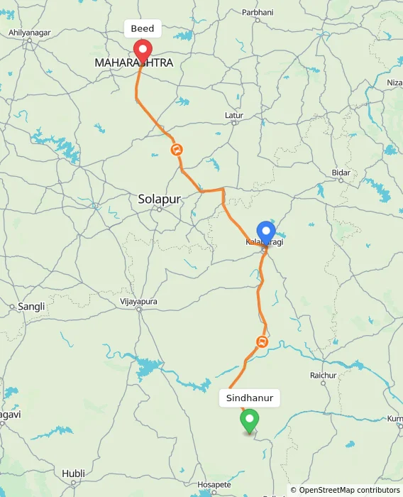 Route map showing distance and travel time from Sindhanur, India to Beed, India