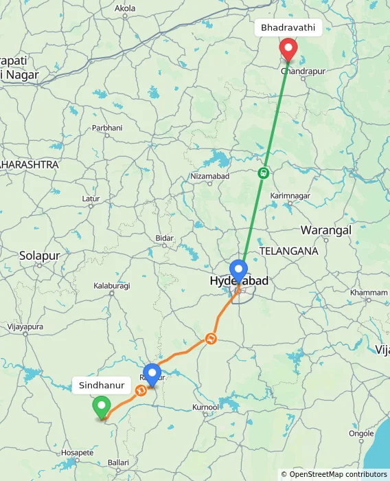 Route map showing distance and travel time from Sindhanur, India to Bhadravathi, India