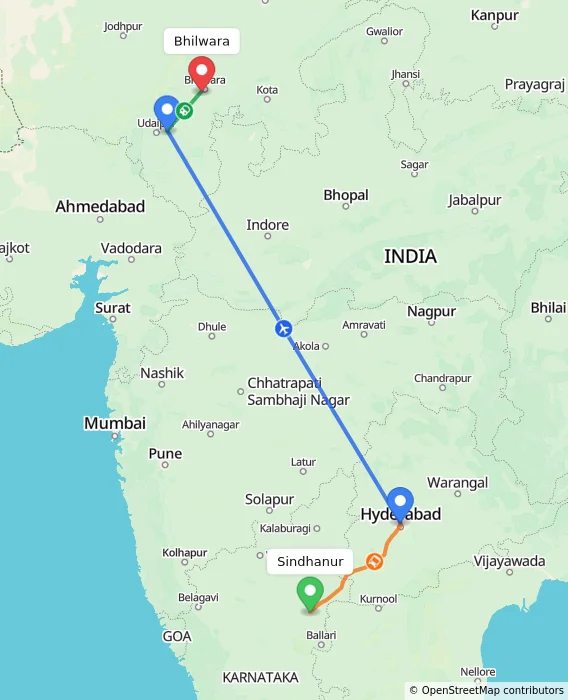 Route map showing distance and travel time from Sindhanur, India to Bhilwara, India
