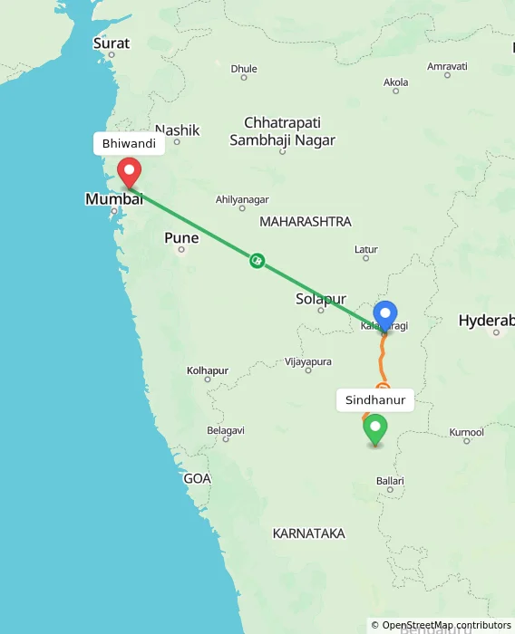 Route map showing distance and travel time from Sindhanur, India to Bhiwandi, India