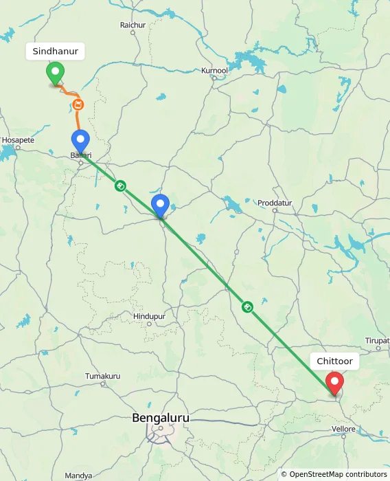 Route map showing distance and travel time from Sindhanur, India to Chittoor, India