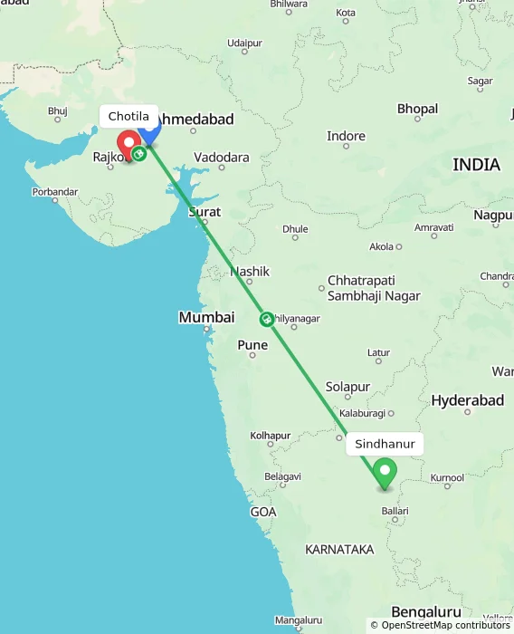 Route map showing distance and travel time from Sindhanur, India to Chotila, India