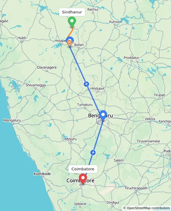 Route map showing distance and travel time from Sindhanur, India to Coimbatore, India