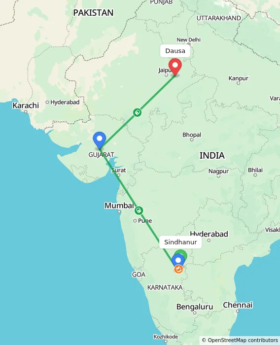 Route map showing distance and travel time from Sindhanur, India to Dausa, India