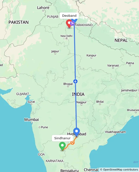 Route map showing distance and travel time from Sindhanur, India to Deoband, India