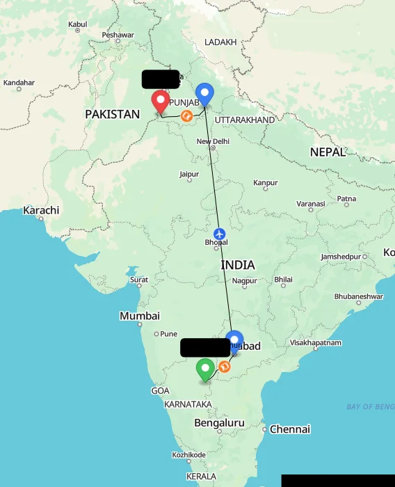 Route map showing distance and travel time from Sindhanur, India to Fazilka, India