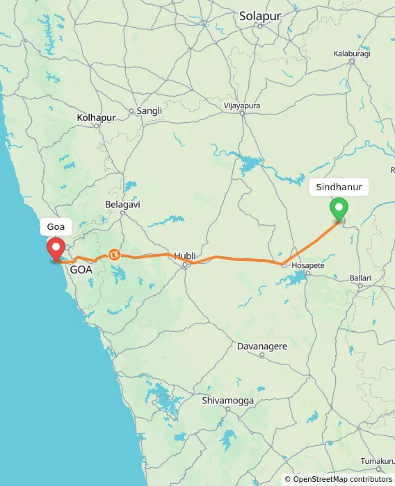 Route map showing distance and travel time from Sindhanur, India to Goa, India