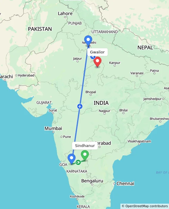 Route map showing distance and travel time from Sindhanur, India to Gwalior, India