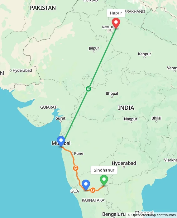 Route map showing distance and travel time from Sindhanur, India to Hapur, India