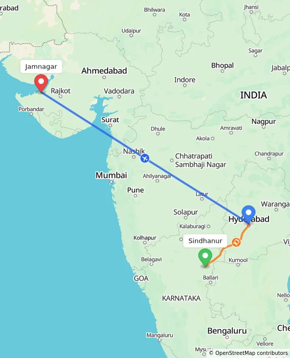 Route map showing distance and travel time from Sindhanur, India to Jamnagar, India