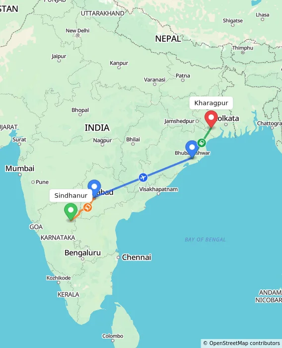 Route map showing distance and travel time from Sindhanur, India to Kharagpur, India
