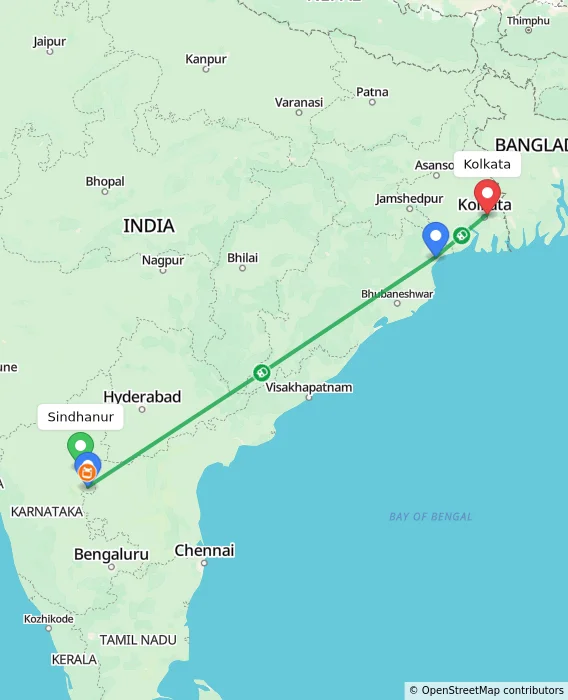 Route map showing distance and travel time from Sindhanur, India to Kolkata, India