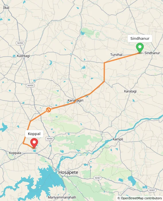 Route map showing distance and travel time from Sindhanur, India to Koppal, India