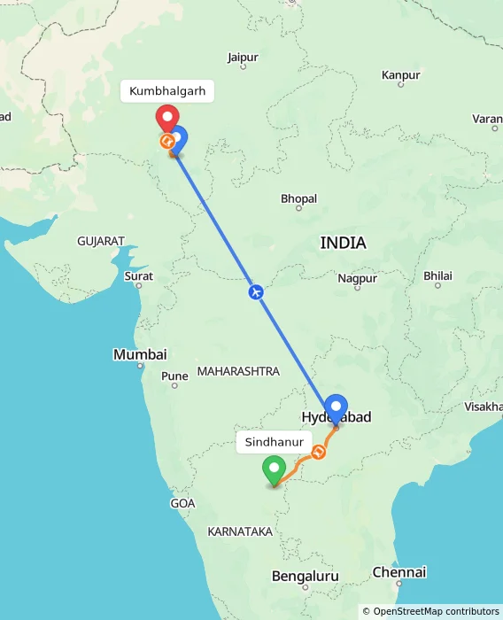 Route map showing distance and travel time from Sindhanur, India to Kumbhalgarh, India