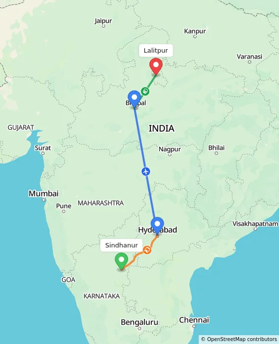Route map showing distance and travel time from Sindhanur, India to Lalitpur, India