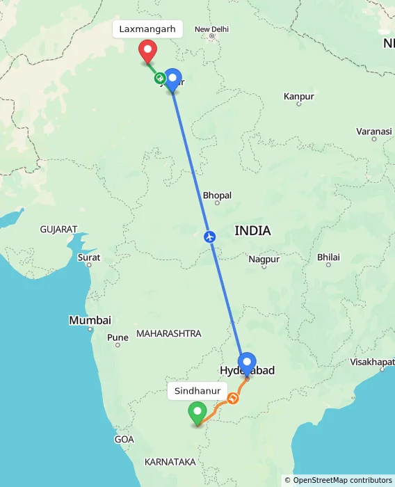 Route map showing distance and travel time from Sindhanur, India to Laxmangarh, India