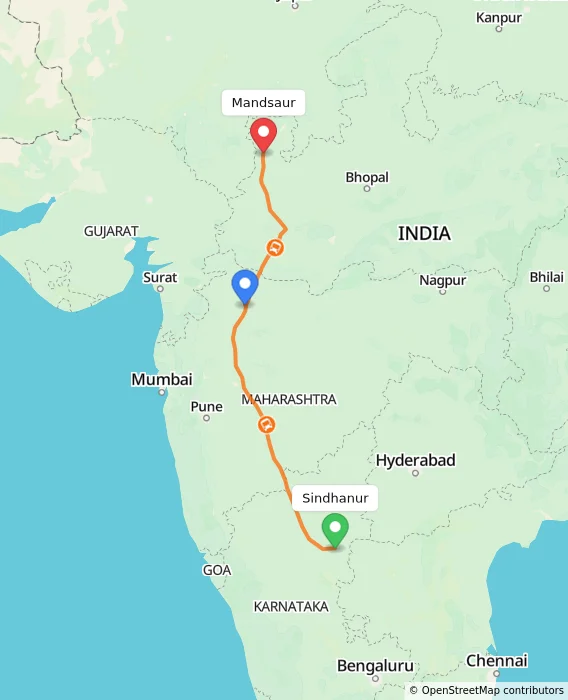 Route map showing distance and travel time from Sindhanur, India to Mandsaur, India