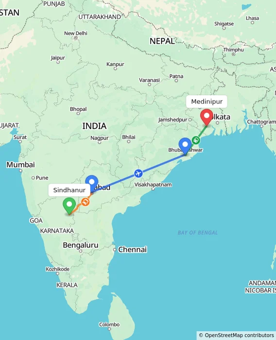 Route map showing distance and travel time from Sindhanur, India to Medinipur, India