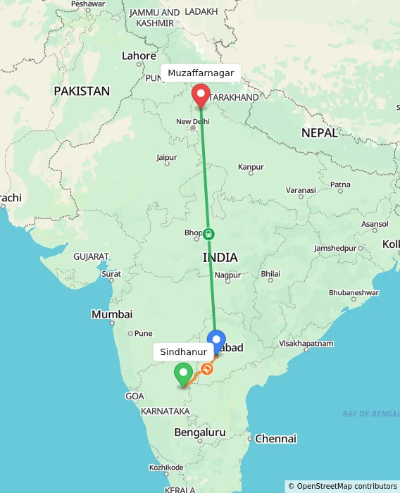 Route map showing distance and travel time from Sindhanur, India to Muzaffarnagar, India