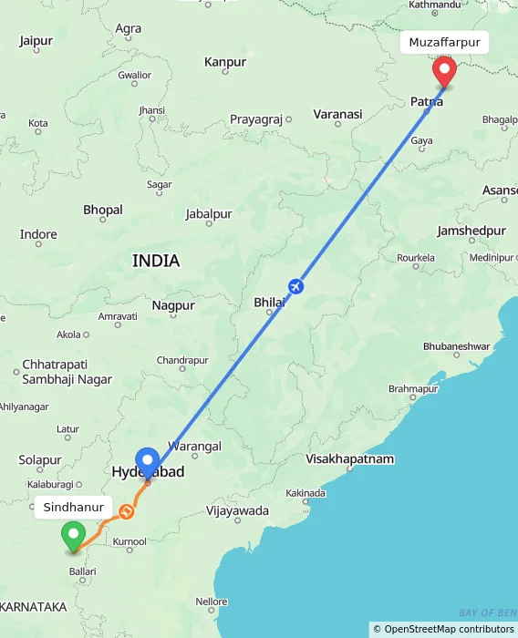 Route map showing distance and travel time from Sindhanur, India to Muzaffarpur, India