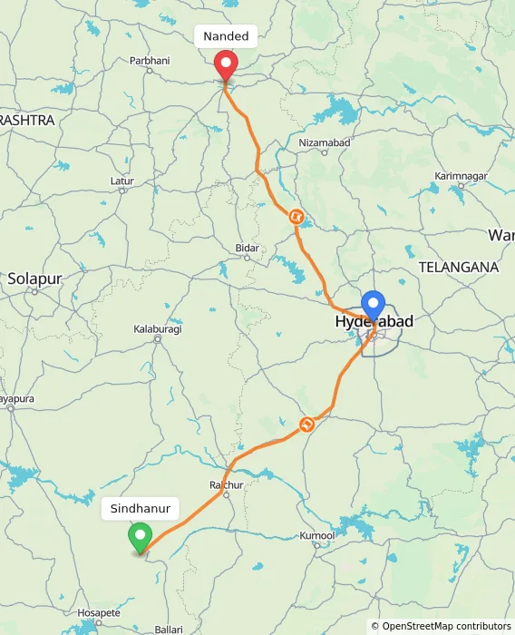 Route map showing distance and travel time from Sindhanur, India to Nanded, India