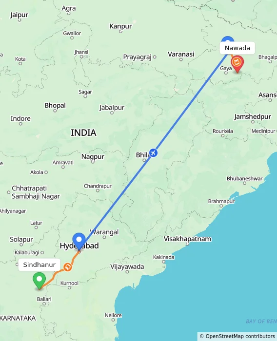 Route map showing distance and travel time from Sindhanur, India to Nawada, India
