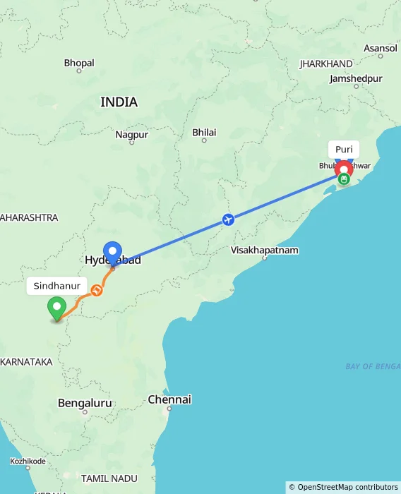 Route map showing distance and travel time from Sindhanur, India to Puri, India