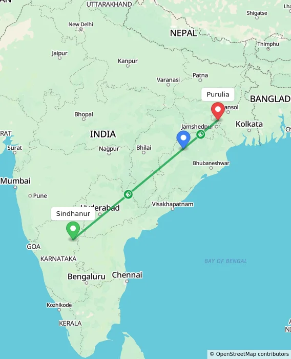 Route map showing distance and travel time from Sindhanur, India to Purulia, India